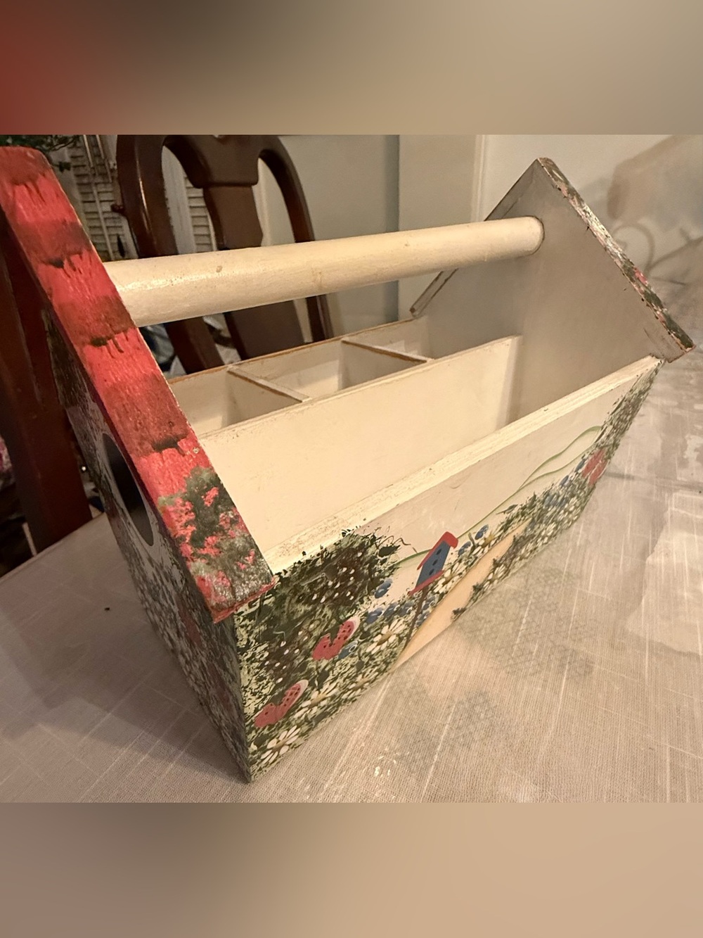 Sectioned wood carrier Utensil server/tool holder Birdhouse hand painted design - Picture 3 of 12